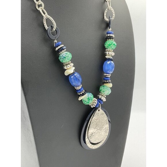 Ruby Rd Chunky Statement Necklace Green & Blue Beads Silver Tone Chain - Picture 4 of 6